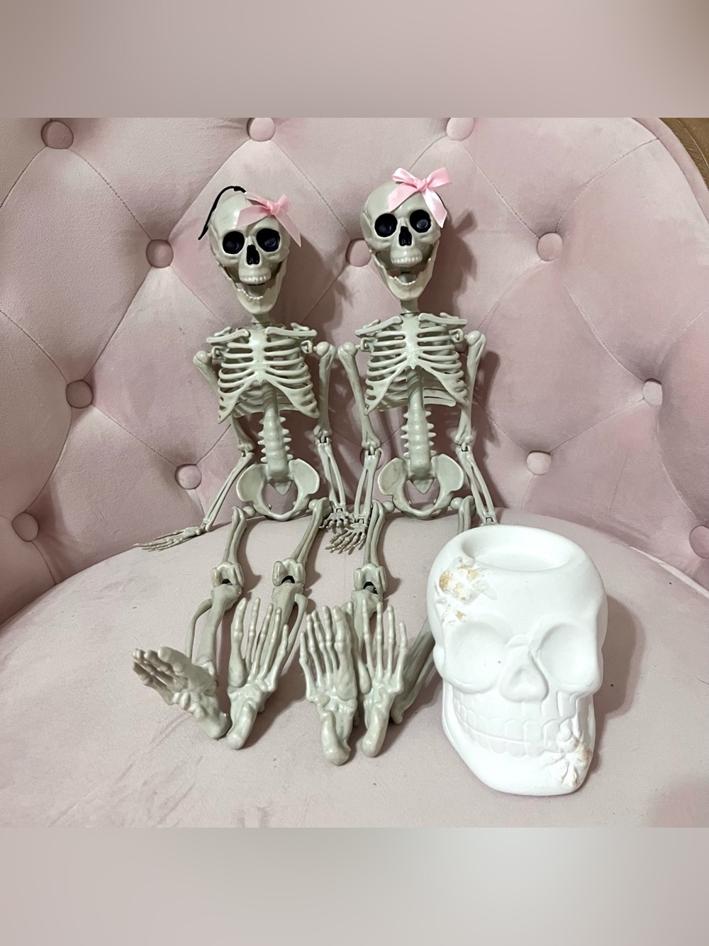 Halloween Skeletons with Pink Bows and Skull Decor